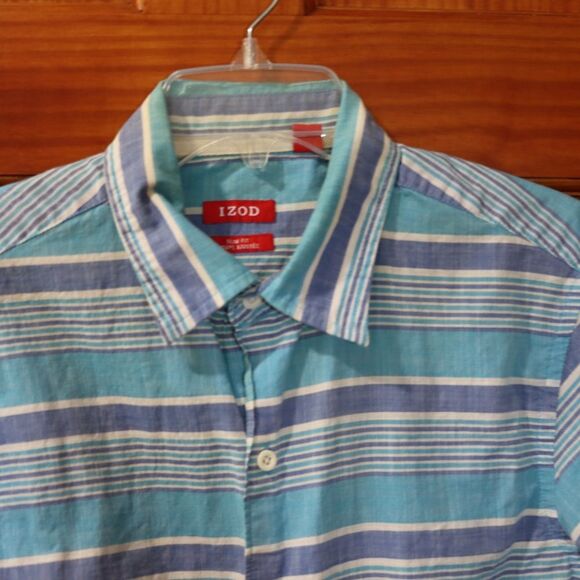 Izod Blue Casual Button Down Shirt with Striking Stripes Medium - Picture 2 of 14